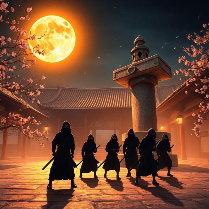 Step into a world of stealth and mystery with this captivating anime wallpaper. A group of ninjas, clad in dark attire, sneak past a giant stone lantern in a temple courtyard, their movements shrouded in shadows. The warm light of the lantern casts an anime-like glow, while the moon shines brightly in the background, casting an orange hue over the scene. This wallpaper is perfect for fans of anime and ninjas alike, offering a unique and captivating visual experience.