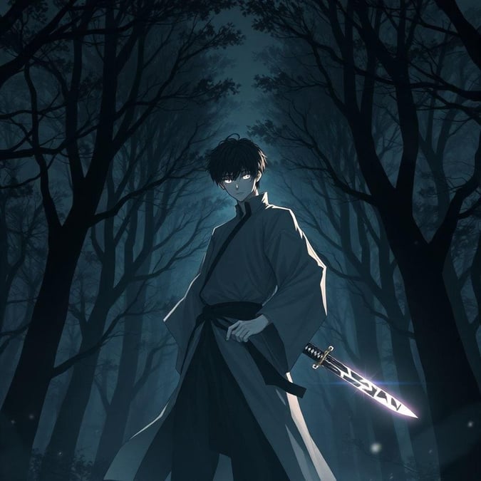 Entrez dans un monde de mystère et d'intrigue avec ce fond d'écran anime captivant, mettant en vedette un jeune guerrier se tenant debout dans une forêt sombre.