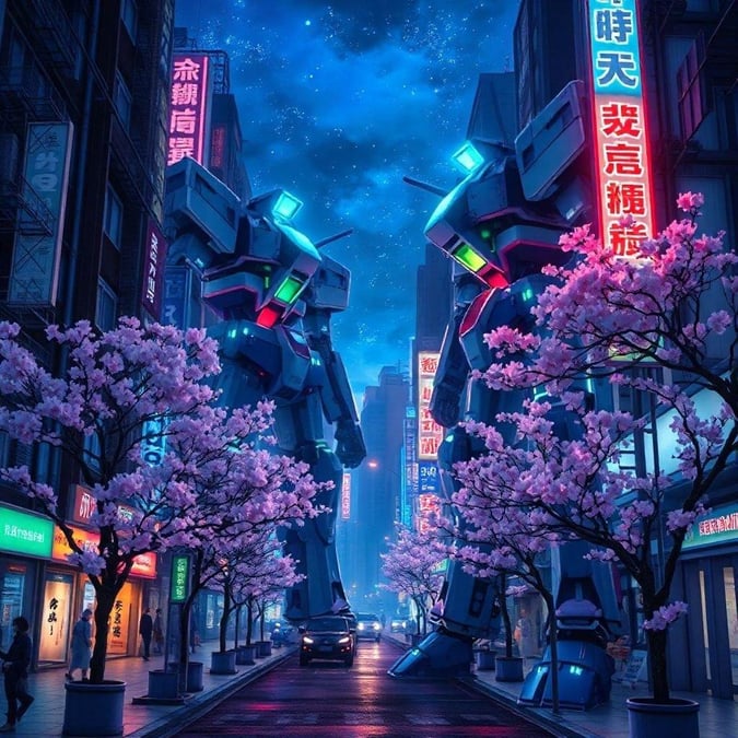 Este impresionante fondo de pantalla inspirado en el anime presenta robots gigantes de pie en una calle de Tokio por la noche, rodeados de vibrantes luces azules y verdes. El fondo oscuro y los tonos azules y morados añaden profundidad a la escena, convirtiéndola en una experiencia visual cautivadora.