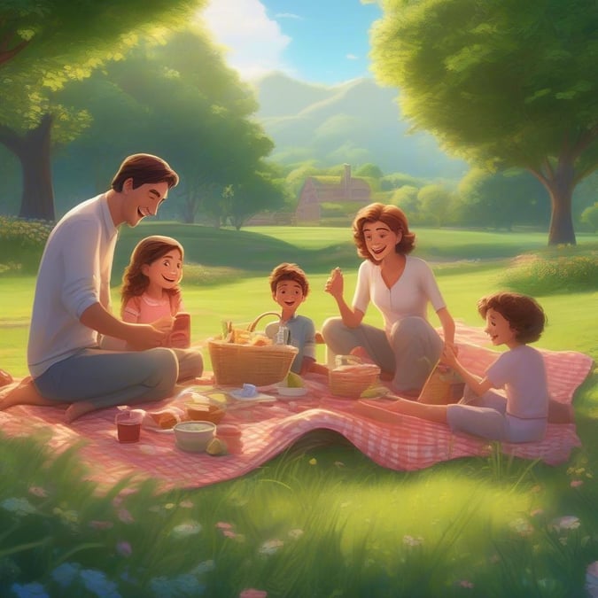 This is a family-friendly image that captures a joyful moment of a mother, father, and their three children enjoying a picnic in a beautiful mountain meadow on a sunny day. The family seems to be in high spirits, possibly celebrating a special occasion like Mother's Day.