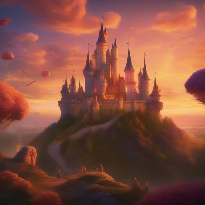 A magical fantasy castle scene perfect for kids and cartoon lovers. This stunning wallpaper features a colorful castle surrounded by rolling hills and fluffy white clouds.