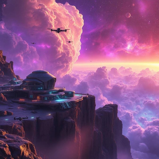 Exploring the cosmos from a futuristic vantage point, this sci-fi wallpaper captures an extraterrestrial landscape under a stunning starlit sky. With a space station perched on the cliff edge, and a squadron of flying vehicles passing overhead, it's a scene that invites you to imagine what life could be like in another galaxy.