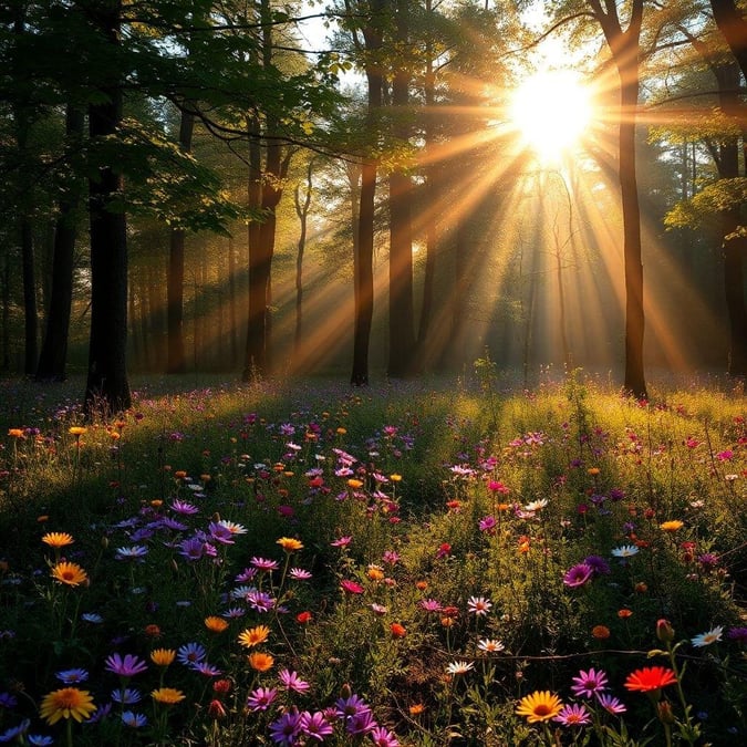 A serene and peaceful scene of a sunrise in a forest, with the sun peeking through the trees and casting a warm glow on the flowers.