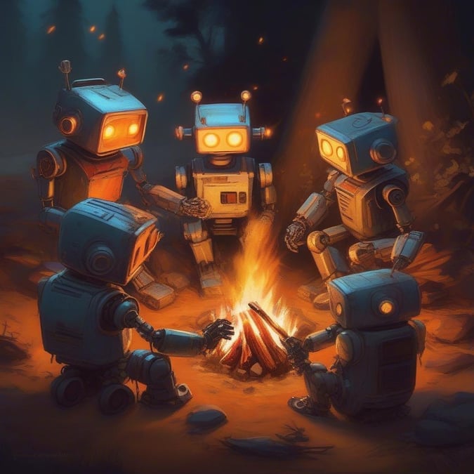 A group of cute robot characters sitting around a campfire, enjoying each other's company and the warmth of the fire.