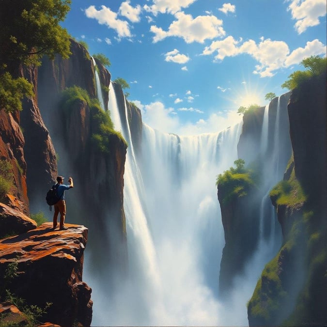 A serene and majestic waterfall scene, perfect for a relaxing wallpaper. The person in the image is capturing the moment, adding a sense of adventure to the serene atmosphere.