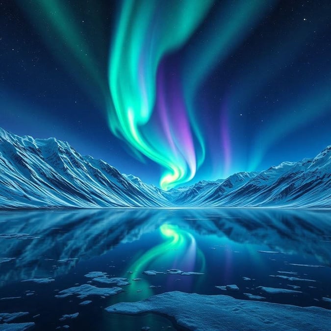 A stunning view of the northern lights shimmering against a backdrop of towering ice formations and a tranquil seaside lagoon.