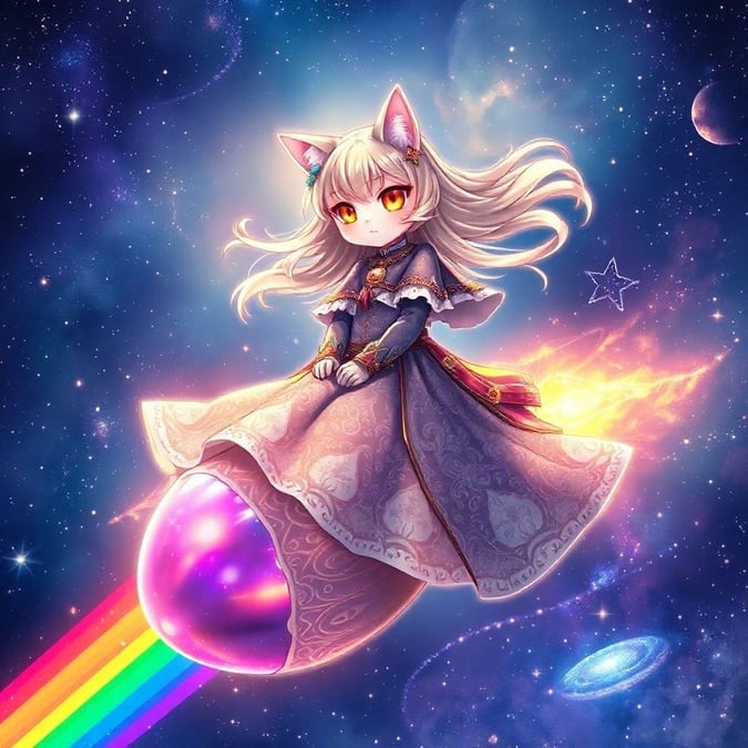 Questa carta da parati presenta una ragazza gatto eterea che cavalca un cometa dai colori dell'arcobaleno, emanando un'atmosfera incantevole e da favola.