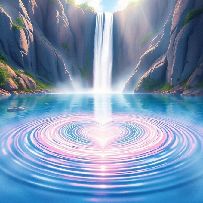 A romantic view of a waterfall with a heart-shaped ripple on its surface, making it a perfect wallpaper for Valentine's Day.