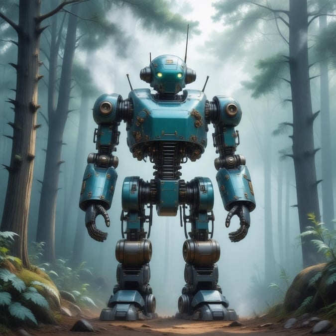 Immerse yourself in the world of anime with this stunning wallpaper featuring a mecha robot standing majestically in a misty forest. The robot's steampunk design, complete with gears and cogs, is a true masterpiece.