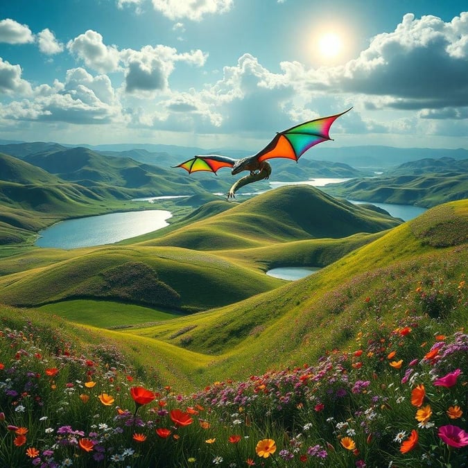 This image is a wallpaper for St. Patrick's Day, featuring a dragon in a green landscape with a lake and flowers.