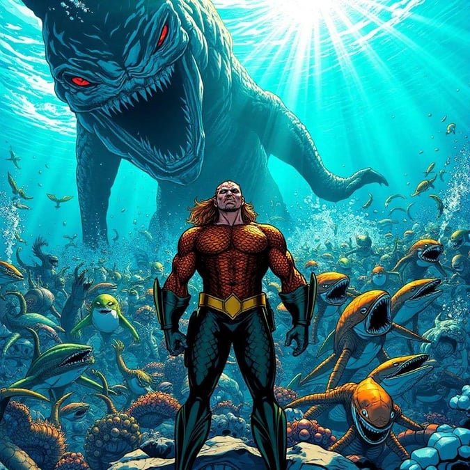 Aquaman, the king of the underwater kingdom of Atlantis, stands proudly in front of a school of sea creatures, showcasing his connection to the ocean and his role as a protector of the marine world.