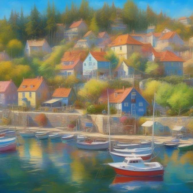 A tranquil harbor town scene with traditional houses, boats gently bobbing in the water, and a clear sky above.