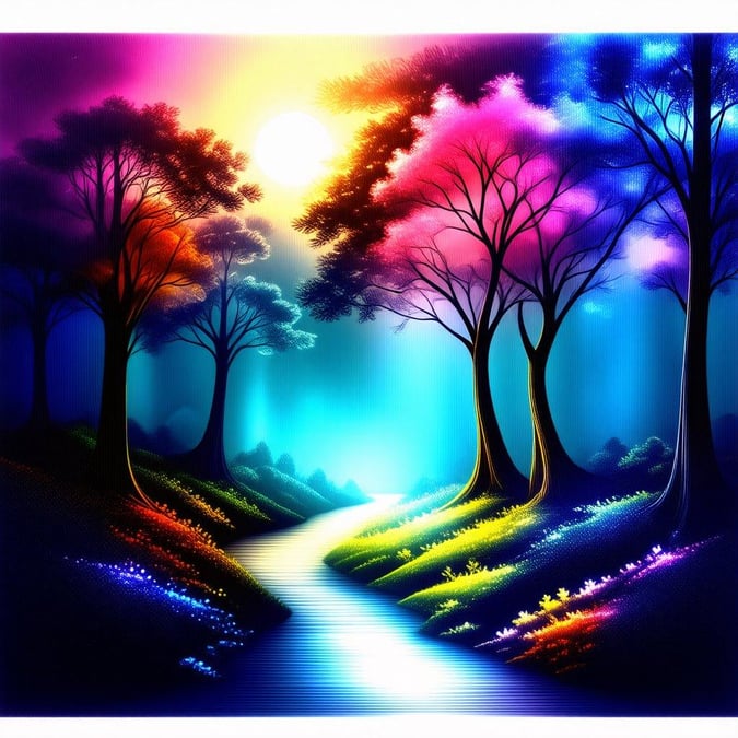 A serene fantasy artwork depicting a magical forest path leading to the warm glow of a setting sun. The forest is awash with the soft purples, blues and pinks of twilight, creating an atmosphere of tranquility and wonder.