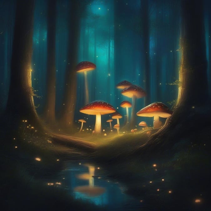 Illustrated forest scene at midnight with glowing mushrooms, stars twinkling through the trees, and a winding path leading to the mysterious end.