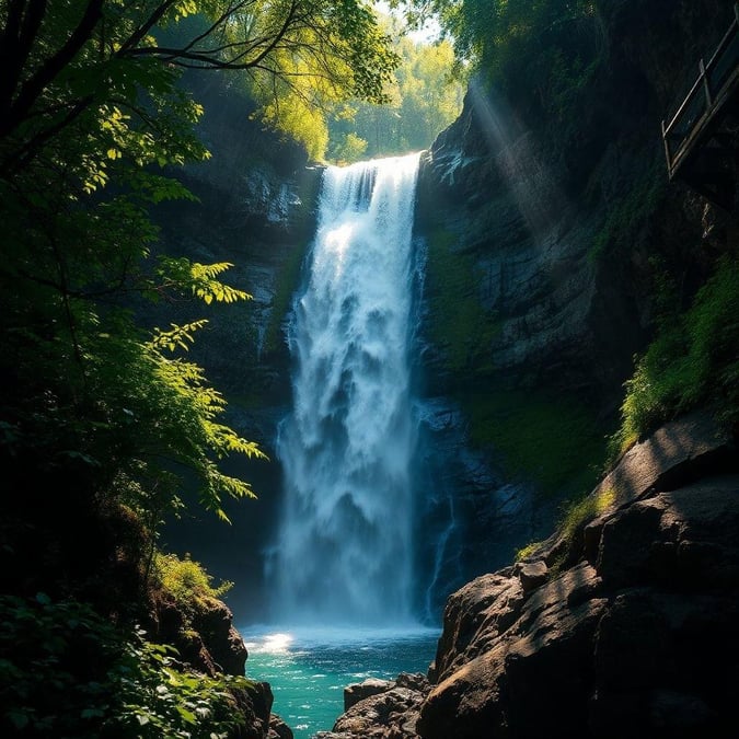 A picturesque view of a waterfall cascading down into a serene forest pool. This nature wallpaper captures the tranquility and beauty of the outdoors.