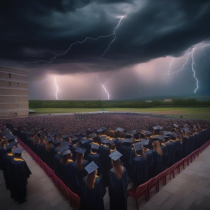 A stormy sky with lightning illuminating the graduation ceremony, capturing the excitement and drama of this special moment.