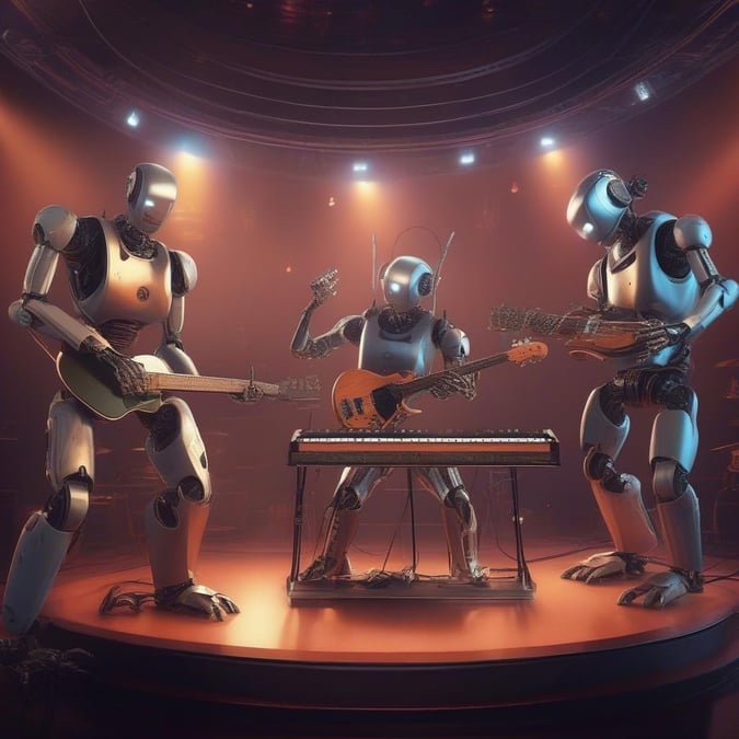 A futuristic scene featuring three robot musicians performing together on a stage, with the spotlight shining down on them. The robots are styled in modern design elements, and they're playing musical instruments, creating an image of an advanced artificial intelligence band in action.