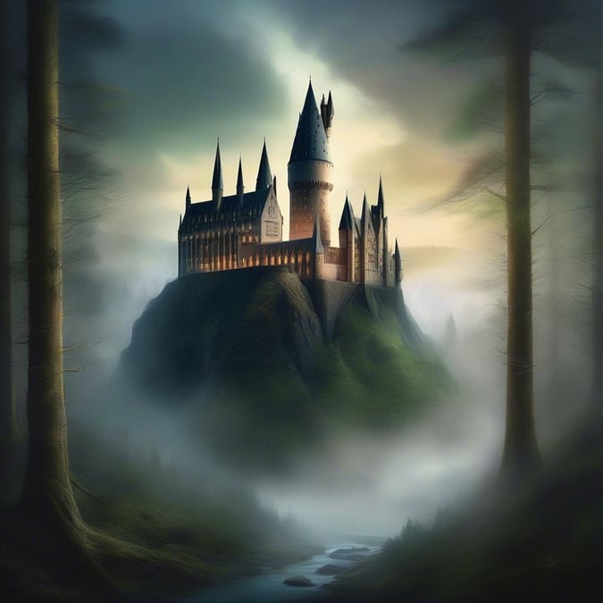 This enchanting castle, home to the beloved wizards from the magical Harry Potter series, is set against a misty background. The scene captures the allure of the fictional world and invokes a sense of wonder and magic.