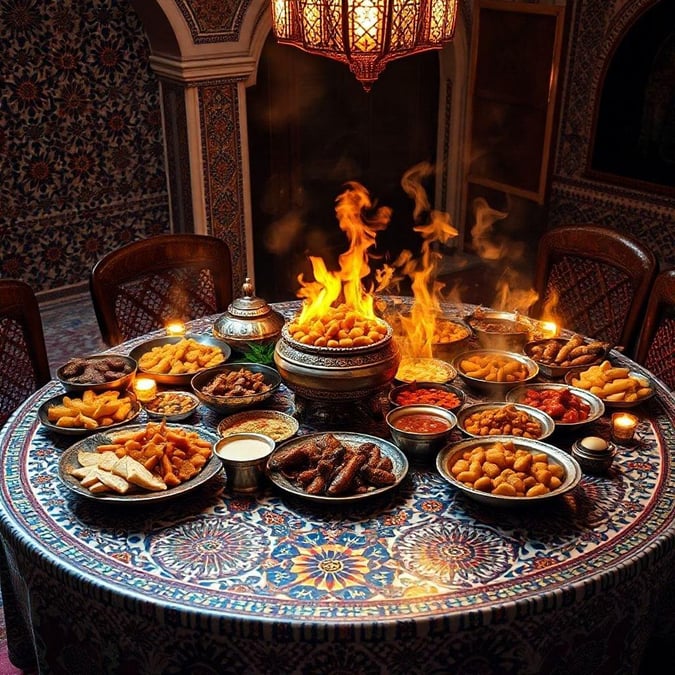 Feast of delicious Ramadan dishes set on a table for a festive Eid celebration.