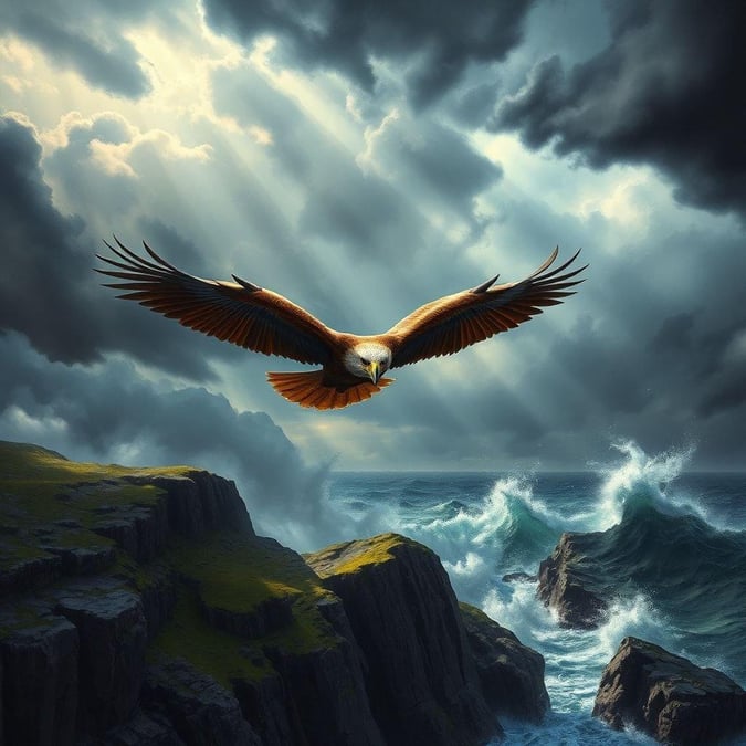 A majestic eagle soars through the sky, its wings spread wide, against a stunning backdrop of clouds and blue sky.