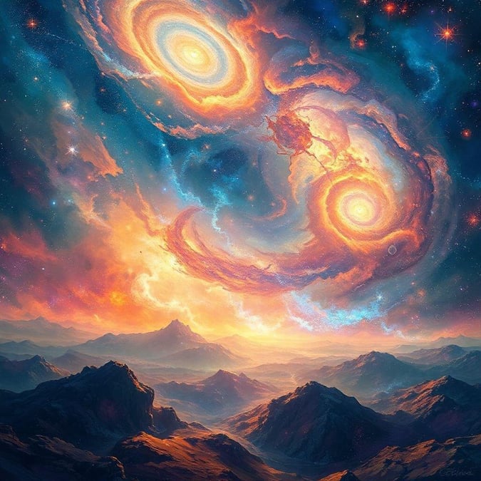 A fantastical depiction of a galaxy nebula where dreams meet reality, awash with vibrant hues and mystical light. Transcending the ordinary, this artwork captures the surreal beauty of celestial phenomena.