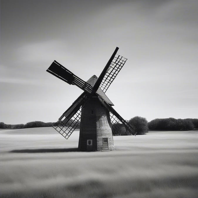 A serene and peaceful scene of a windmill standing tall in a vast, open field under a clear sky.