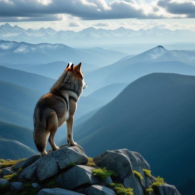 A majestic wolf stands atop a rocky outcropping, taking in the breathtaking view of the misty mountains.