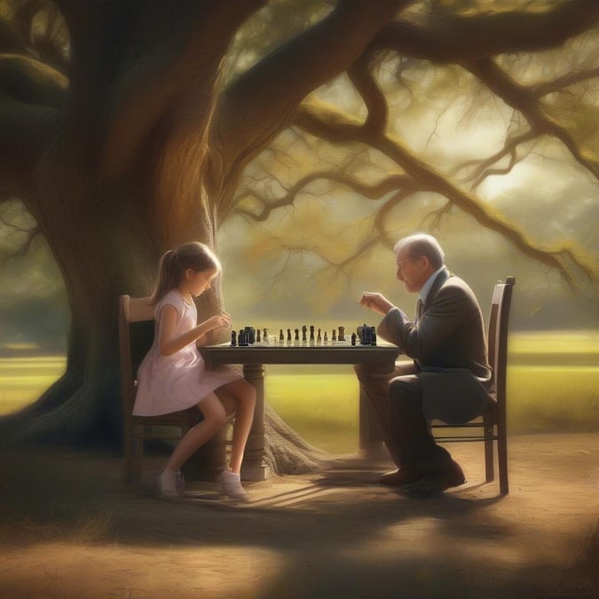 On this beautiful day, the father and daughter sit together on a park bench, engrossed in their game. The warm sunlight filters through the trees overhead as they focus intently on the board, each move representing the bond of a lifetime.