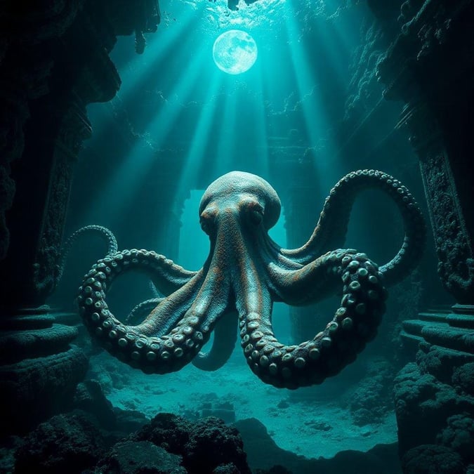 Explore the depths of an ancient underwater temple, where a majestic octopus guards the entrance. The deep blue water reflects the intricate coral formations and moonlit shadows from above, creating a mystical atmosphere. This wallpaper brings the mystery and serenity of underwater exploration to your desktop or mobile device.