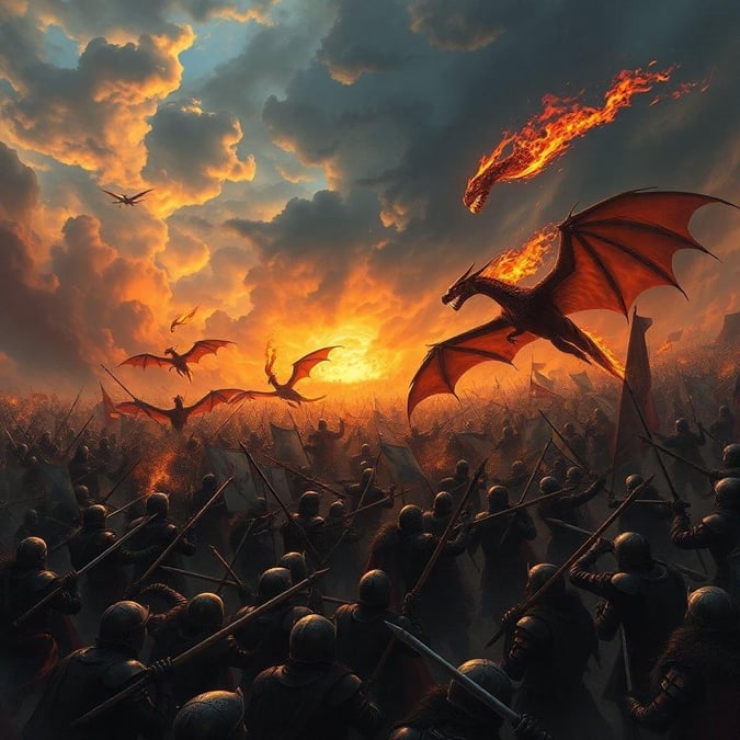 A fantasy scene depicting a dragon and warriors during a fierce battle at dusk, with the sun setting in a tumultuous sky.