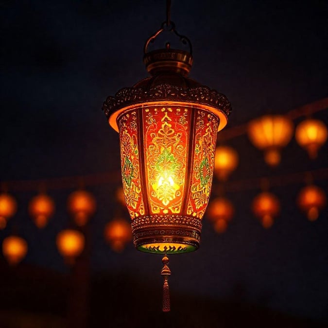 A warmly lit lantern, evoking a cozy ambiance with its intricate design and golden hue against the evening sky.