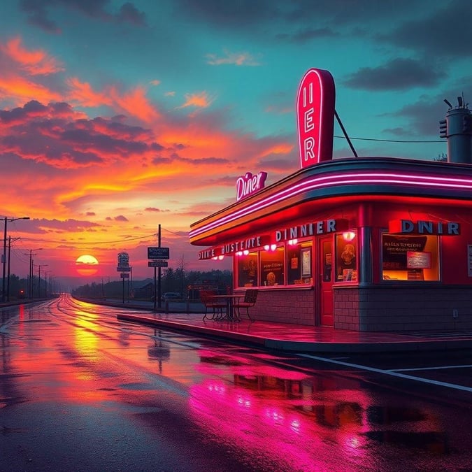 This vintage and retro wallpaper captures the essence of a classic American diner at sunset, evoking a sense of nostalgia and charm.