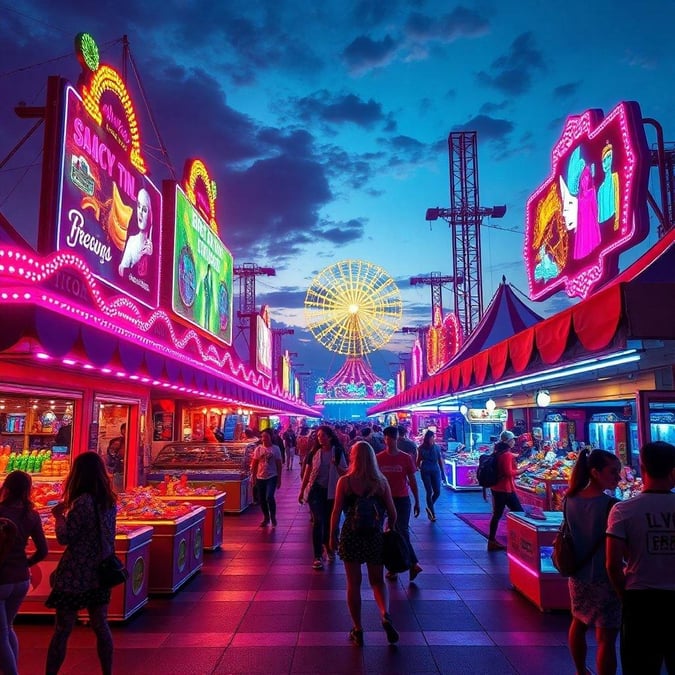 A bustling carnival scene with colorful lights, busy streets, and a ferris wheel illuminated against the dark sky.