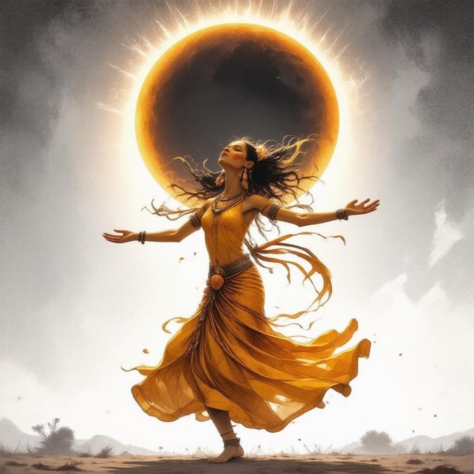 A mystical woman under an eclipse dances in a vibrant display, her ethereal energy dancing with the celestial bodies.