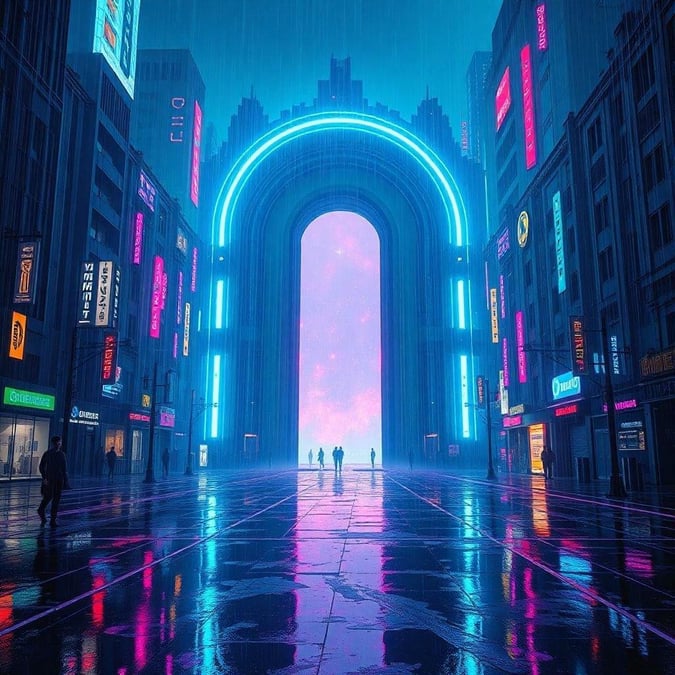 A futuristic cityscape with a neon-lit archway, perfect for desktop and mobile wallpapers.