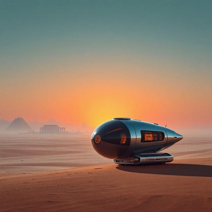 A futuristic vehicle in the vast desert at sunset, with a unique and captivating design that invites curiosity.