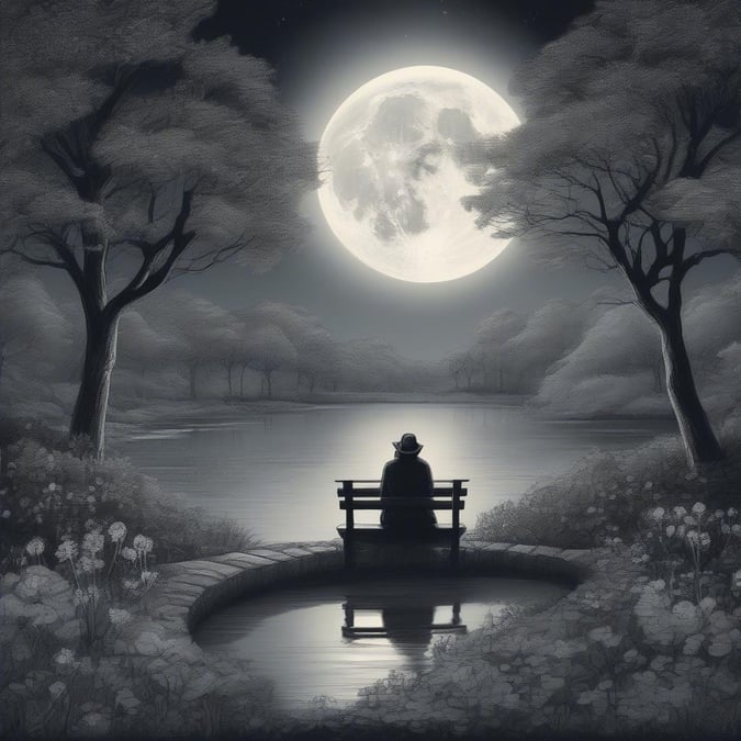 A serene and peaceful scene of a man sitting on a bench, looking out at a lake under the light of the moon. The man is wearing a hat and has his back to the camera, adding to the sense of solitude and contemplation. The moon is full and bright, casting a silver glow over the entire scene. The lake is calm and peaceful, reflecting the beauty of the night sky. The overall atmosphere is one of tranquility and reflection, perfect for the New Year's Eve theme.