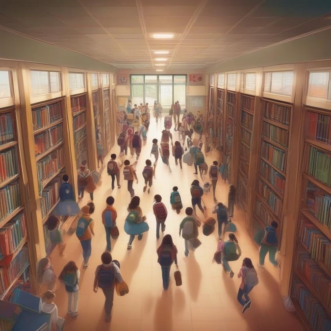 A bustling scene in a well-lit library, filled with students and books on shelves. A busy day back at school.