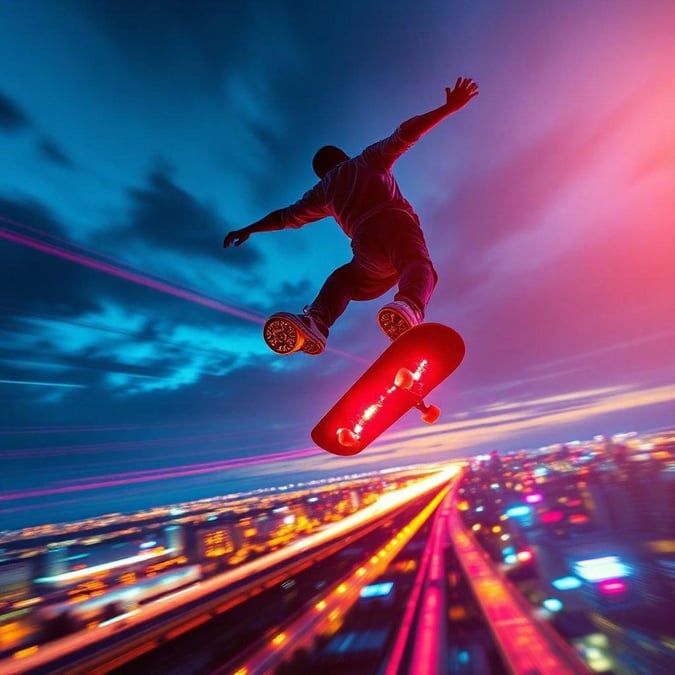 A daring skateboarder defying gravity in an urban landscape at sunset.