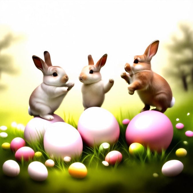 Three adorable bunnies enjoying a colorful Easter scene. They are surrounded by pink, yellow and purple eggs, in front of a clear sky.