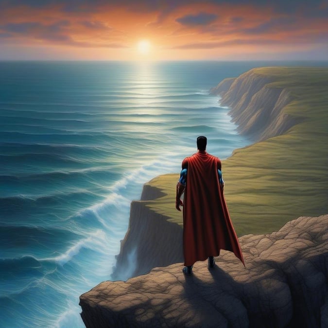 Ce magnifique fond d'écran présente Superman debout sur une falaise surplombant l'océan alors que le soleil se couche en arrière-plan. Les couleurs vibrantes et l'atmosphère sereine en font un ajout parfait à tout bureau ou appareil mobile.