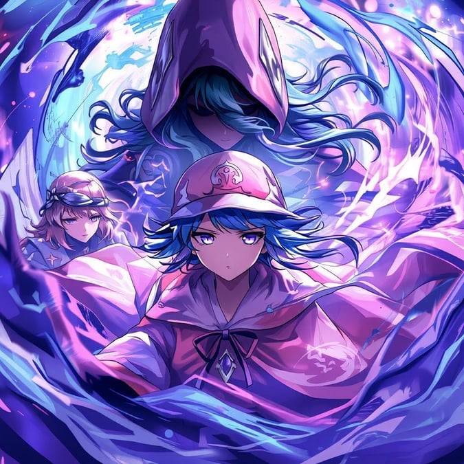 A group of anime girls navigate a mystical whirlpool of colors. Central figure, a girl with pink hat and blue hair, surrounded by mysterious figure in red and green.