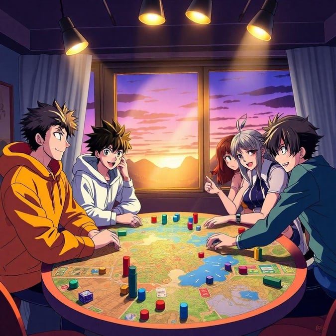 A group of anime characters, enjoying each other's company while playing board games in what appears to be a cozy home setting. The sunset adds a warm and inviting ambiance to their gathering.