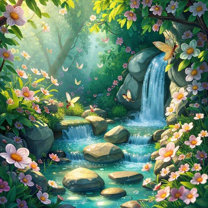 A picturesque scene from a magical forest with cascading waterfalls, colorful flowers, and fluttering butterflies.