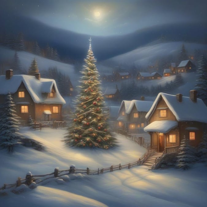 Cozy mountain village at night, bathed in festive Christmas lights. A quaint holiday scene.