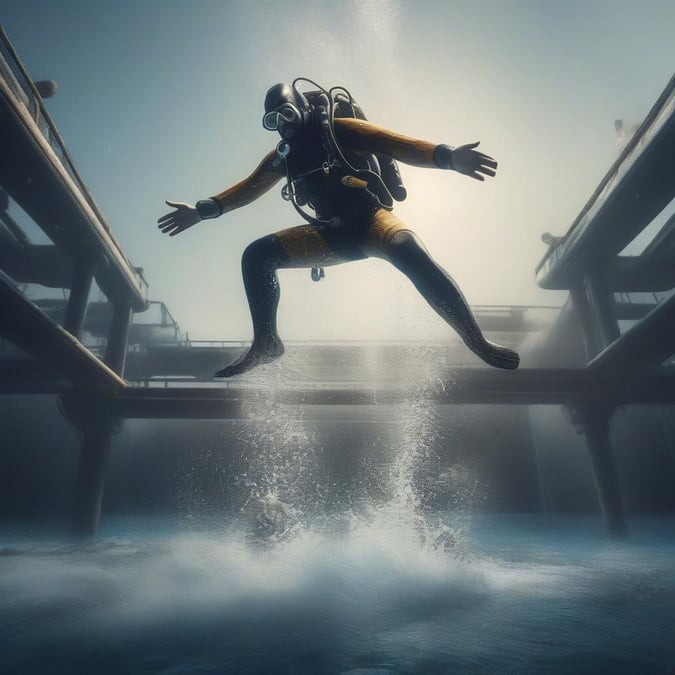 Capturing an exhilarating moment where the diver jumps into the water from a platform, embracing the thrill of exploration under the sea.