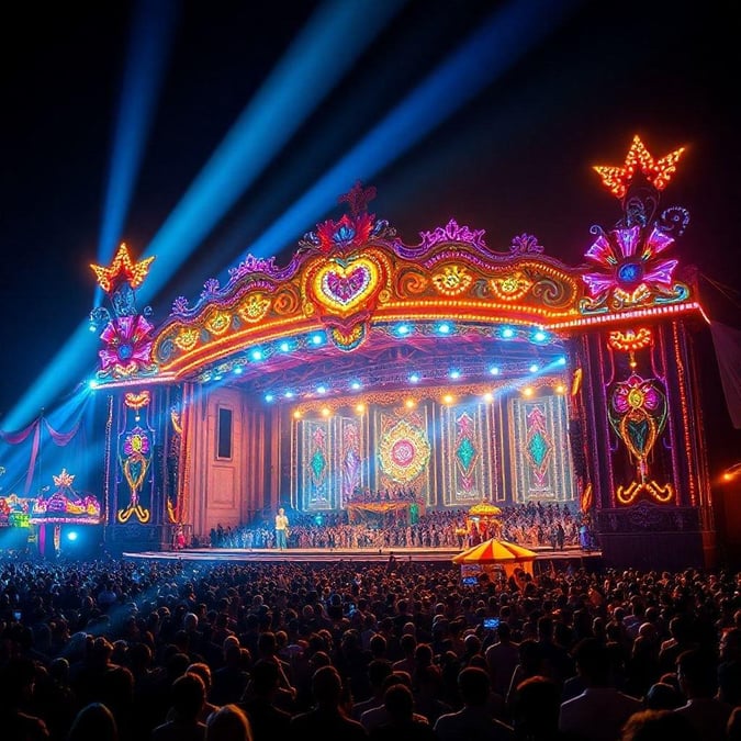 A bustling carnival scene at night, full of vivid colors and lights. A stage adorned with intricate designs hosts performers in traditional outfits, creating a festive atmosphere that is both captivating and lively.