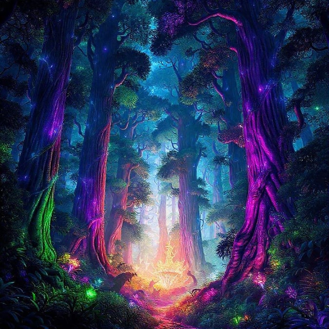 Step into a mystical forest that seems to glow with an otherworldly light. The trees, adorned with colorful lights, lead the way through this magical landscape. This wallpaper is perfect for anyone who loves fantasy and science fiction.