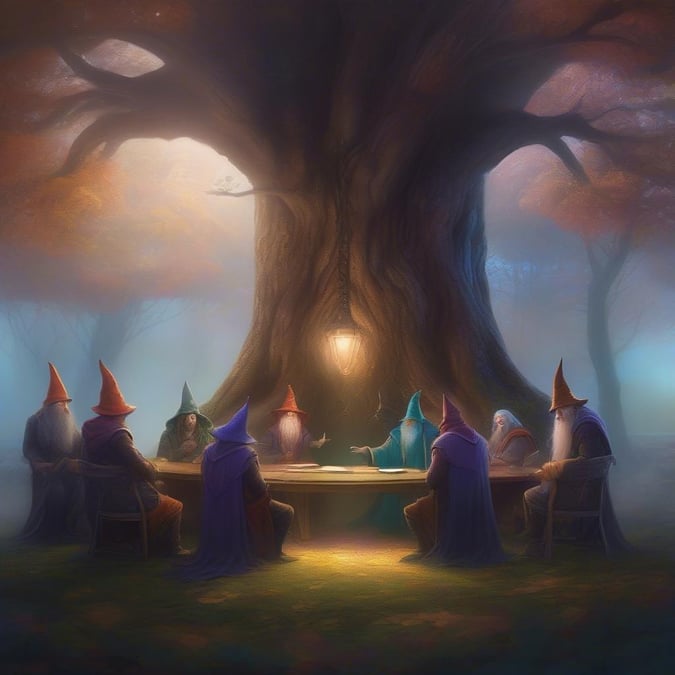 A gathering of wise wizards in a mystical forest under a radiant moon.