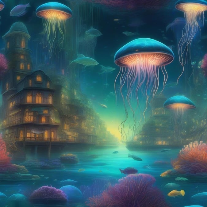 A captivating underwater cityscape, teeming with life and activity, where jellyfish and fish coexist in harmony.